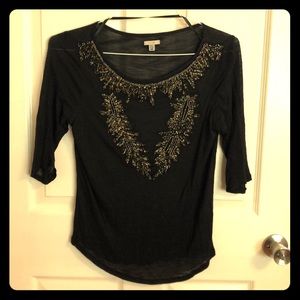 Beaded 3/4 sleeve sheer black top, super comfy